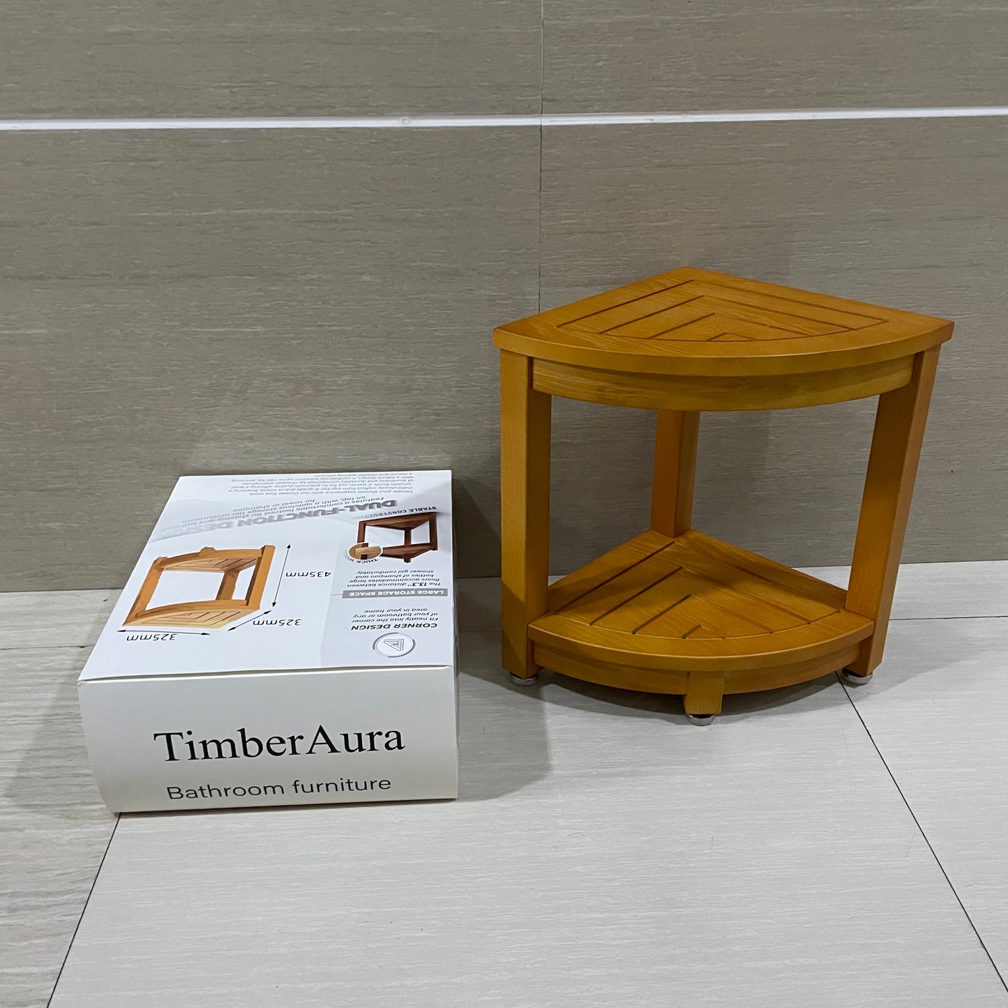 TimberAura Side Table Bathroom Teak Wood End Table with Storage Shelf, 2-Tier Side Table, Shower Corner Caddy