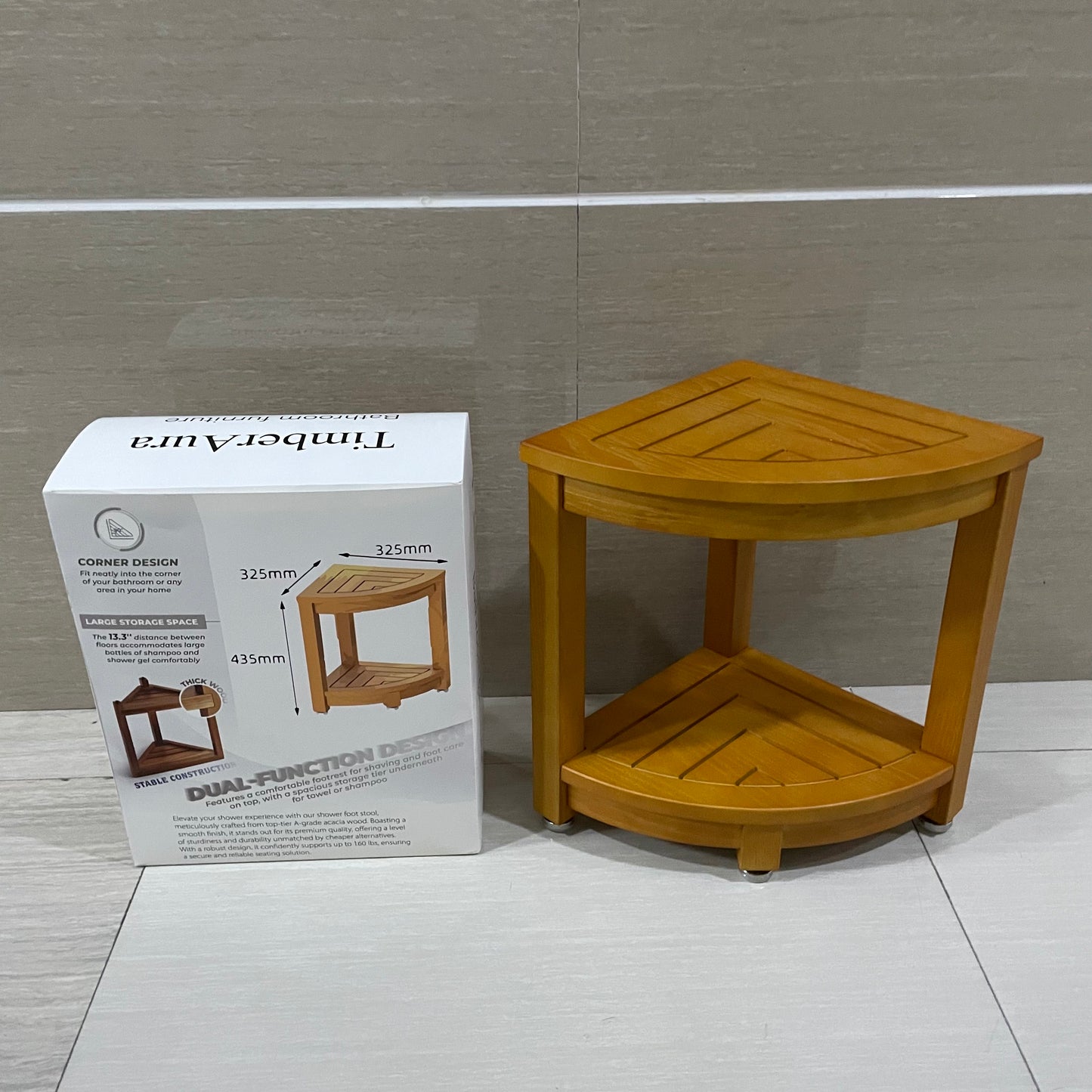 TimberAura Side Table Bathroom Teak Wood End Table with Storage Shelf, 2-Tier Side Table, Shower Corner Caddy