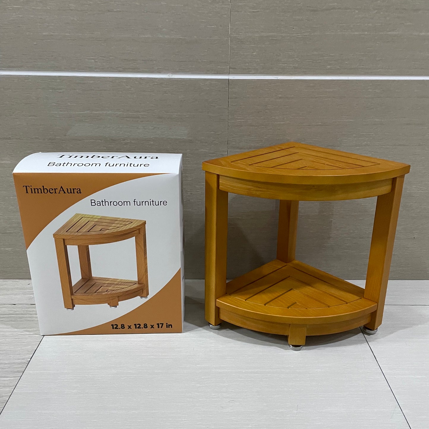 TimberAura Side Table Bathroom Teak Wood End Table with Storage Shelf, 2-Tier Side Table, Shower Corner Caddy