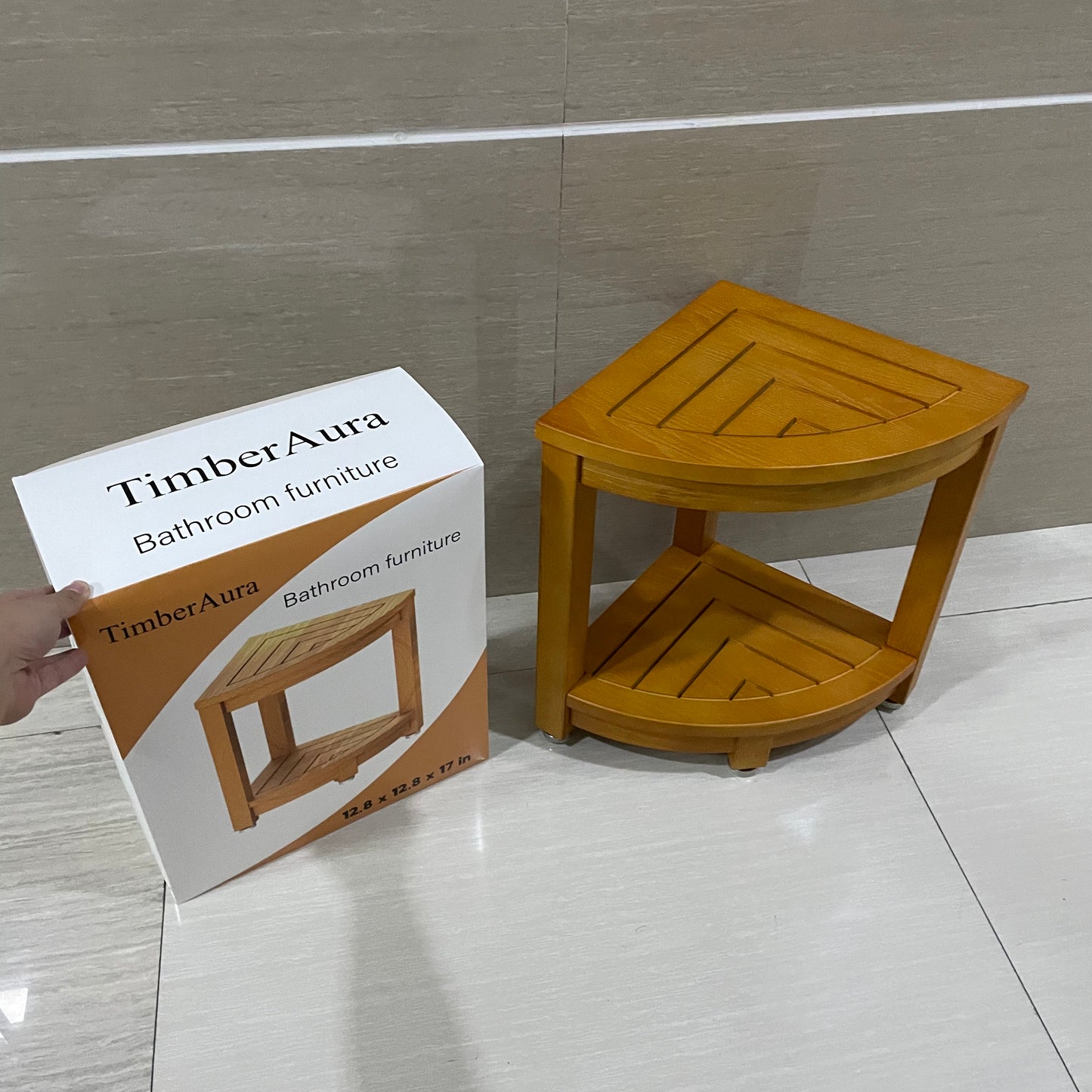 TimberAura Side Table Bathroom Teak Wood End Table with Storage Shelf, 2-Tier Side Table, Shower Corner Caddy