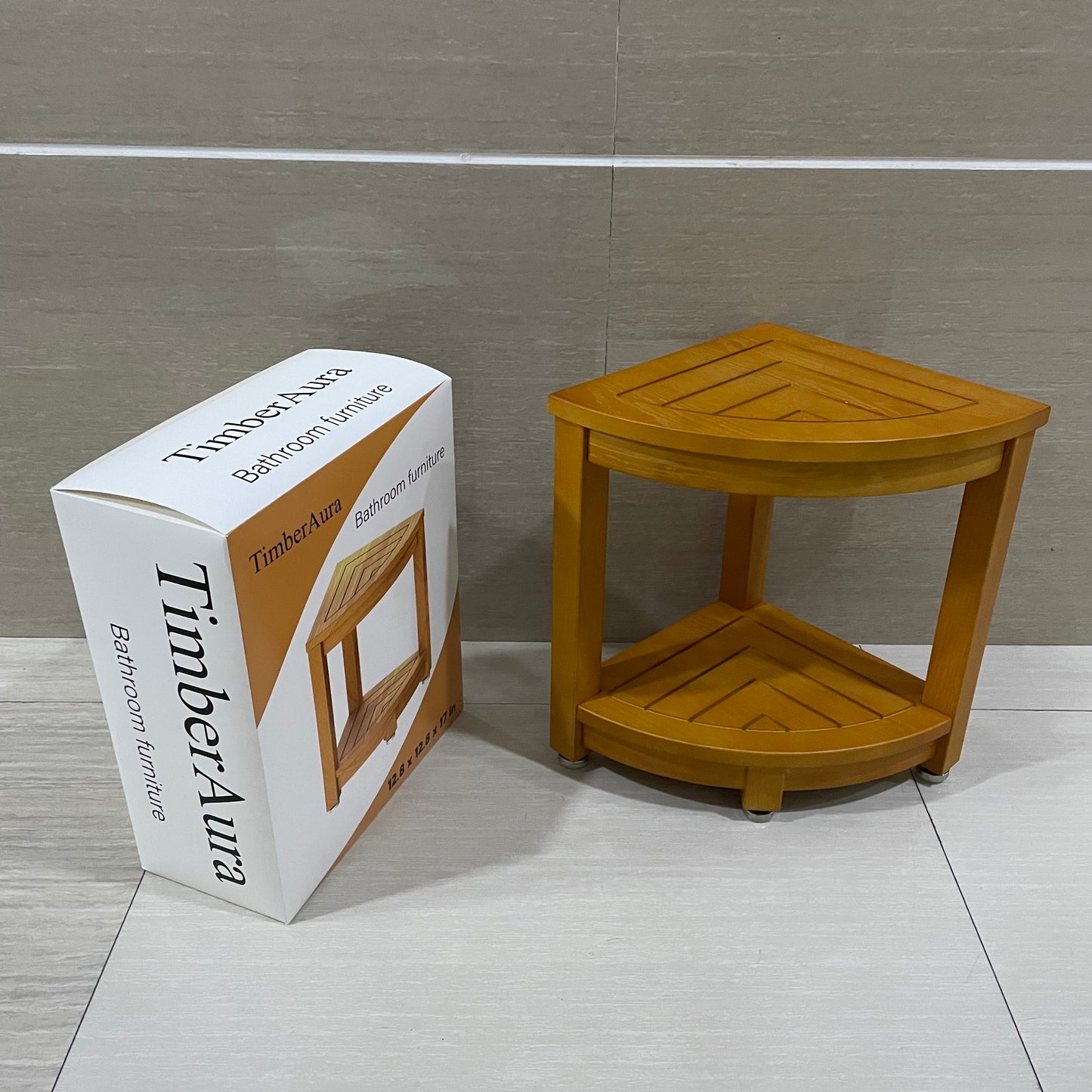 TimberAura Side Table Bathroom Teak Wood End Table with Storage Shelf, 2-Tier Side Table, Shower Corner Caddy