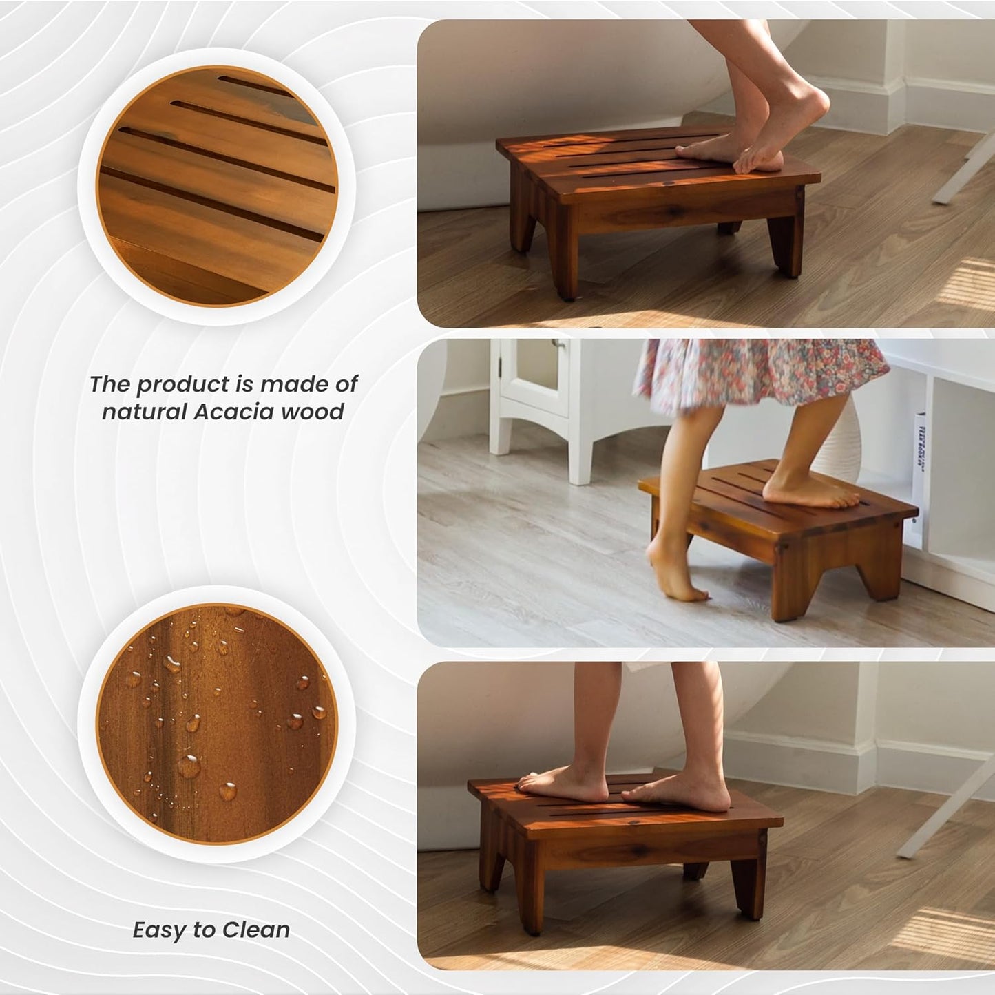 TimberAura 6" Acacia Wood One Step Stool for Adults - 300 Lbs Wooden Step Stools Heavy Duty for High Bed Riser, Bathroom, Bedroom - Small Stepping Stool for Elderly, Seniors, Kids, Handicap Use Indoor