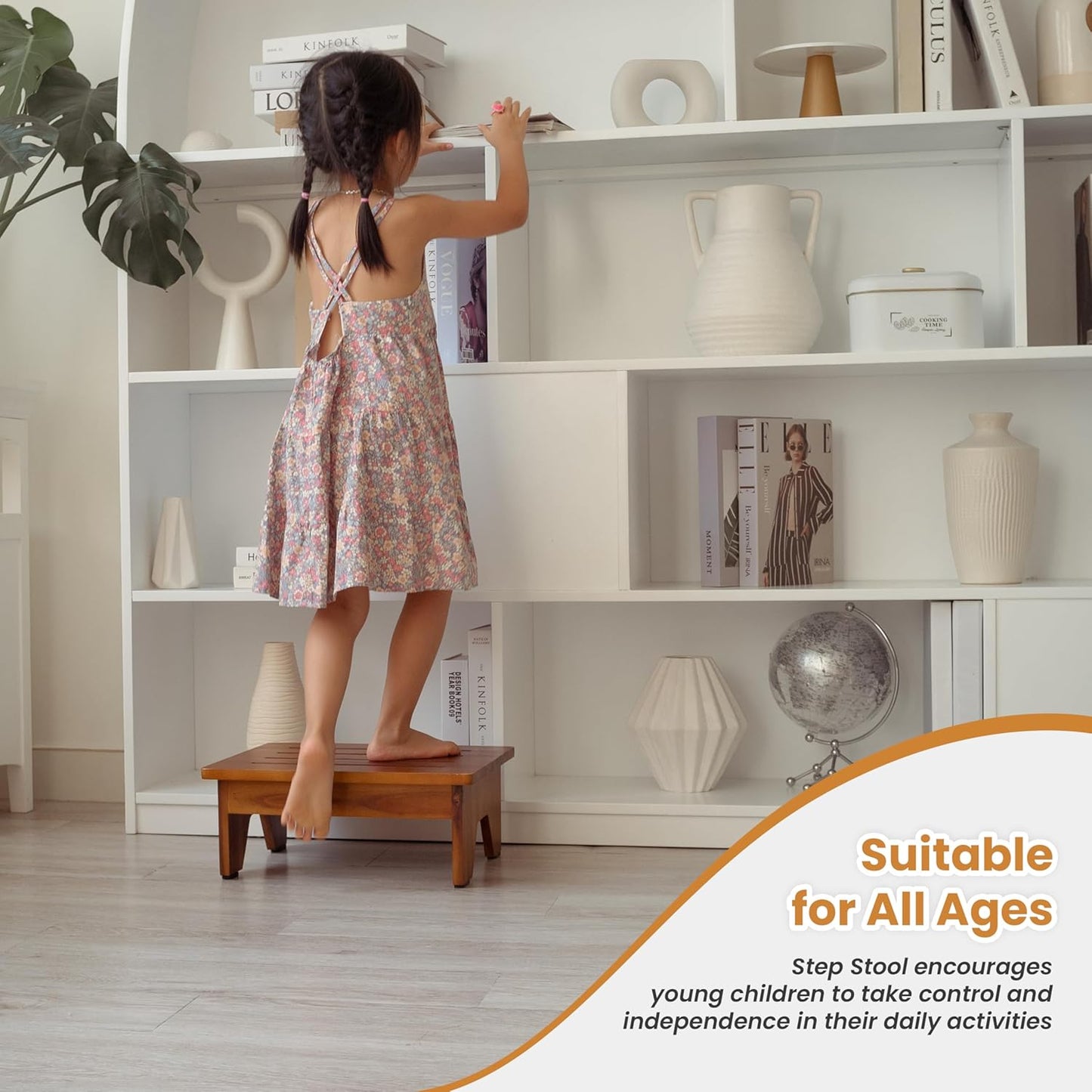 TimberAura 6" Acacia Wood One Step Stool for Adults - 300 Lbs Wooden Step Stools Heavy Duty for High Bed Riser, Bathroom, Bedroom - Small Stepping Stool for Elderly, Seniors, Kids, Handicap Use Indoor