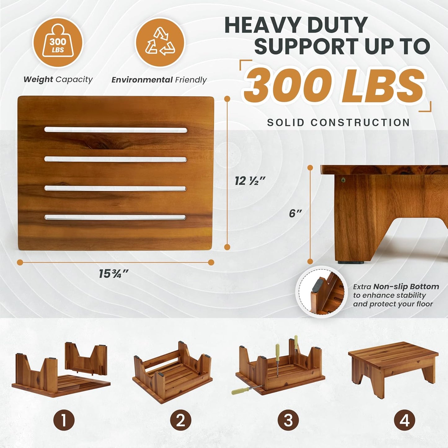 TimberAura 6" Acacia Wood One Step Stool for Adults - 300 Lbs Wooden Step Stools Heavy Duty for High Bed Riser, Bathroom, Bedroom - Small Stepping Stool for Elderly, Seniors, Kids, Handicap Use Indoor