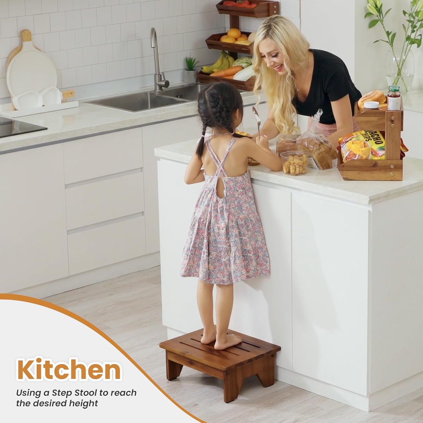 TimberAura 6" Acacia Wood One Step Stool for Adults - 300 Lbs Wooden Step Stools Heavy Duty for High Bed Riser, Bathroom, Bedroom - Small Stepping Stool for Elderly, Seniors, Kids, Handicap Use Indoor