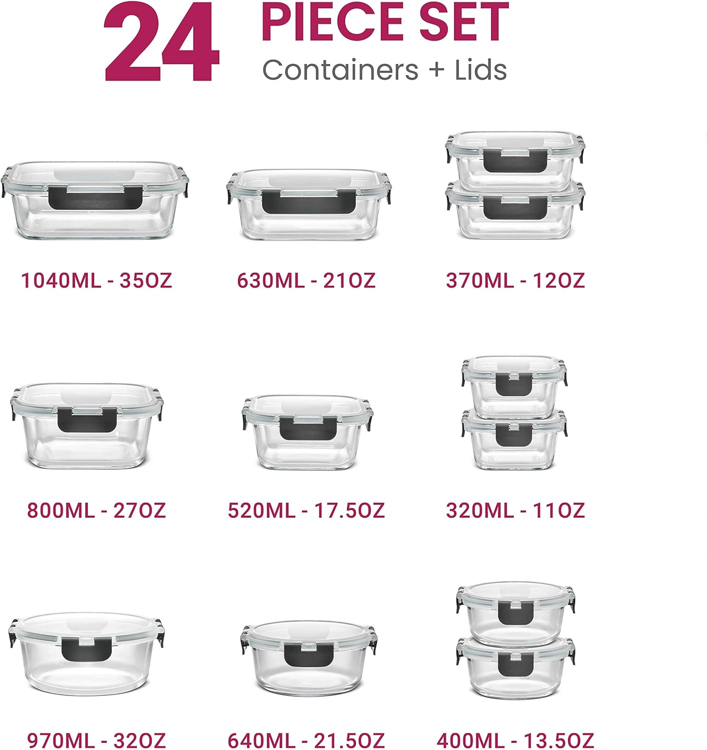24 Piece Glass Storage Containers with Lids - Airtight, Leak Proof, Dishwasher Safe, Glass Tupper Ware Sets with Lids, Food Storage Containers, Meal Prep Containers, Gray