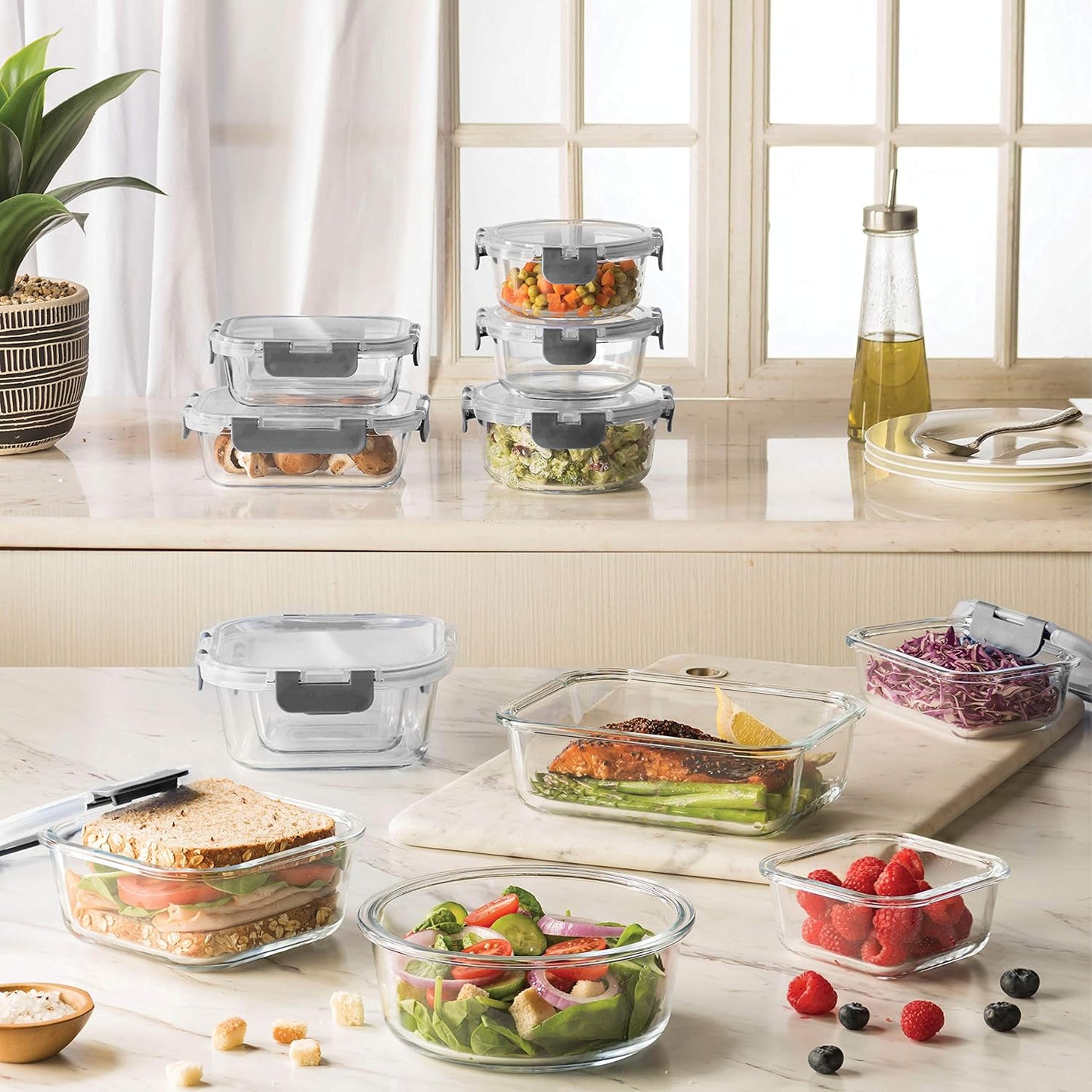 24 Piece Glass Storage Containers with Lids - Airtight, Leak Proof, Dishwasher Safe, Glass Tupper Ware Sets with Lids, Food Storage Containers, Meal Prep Containers, Gray