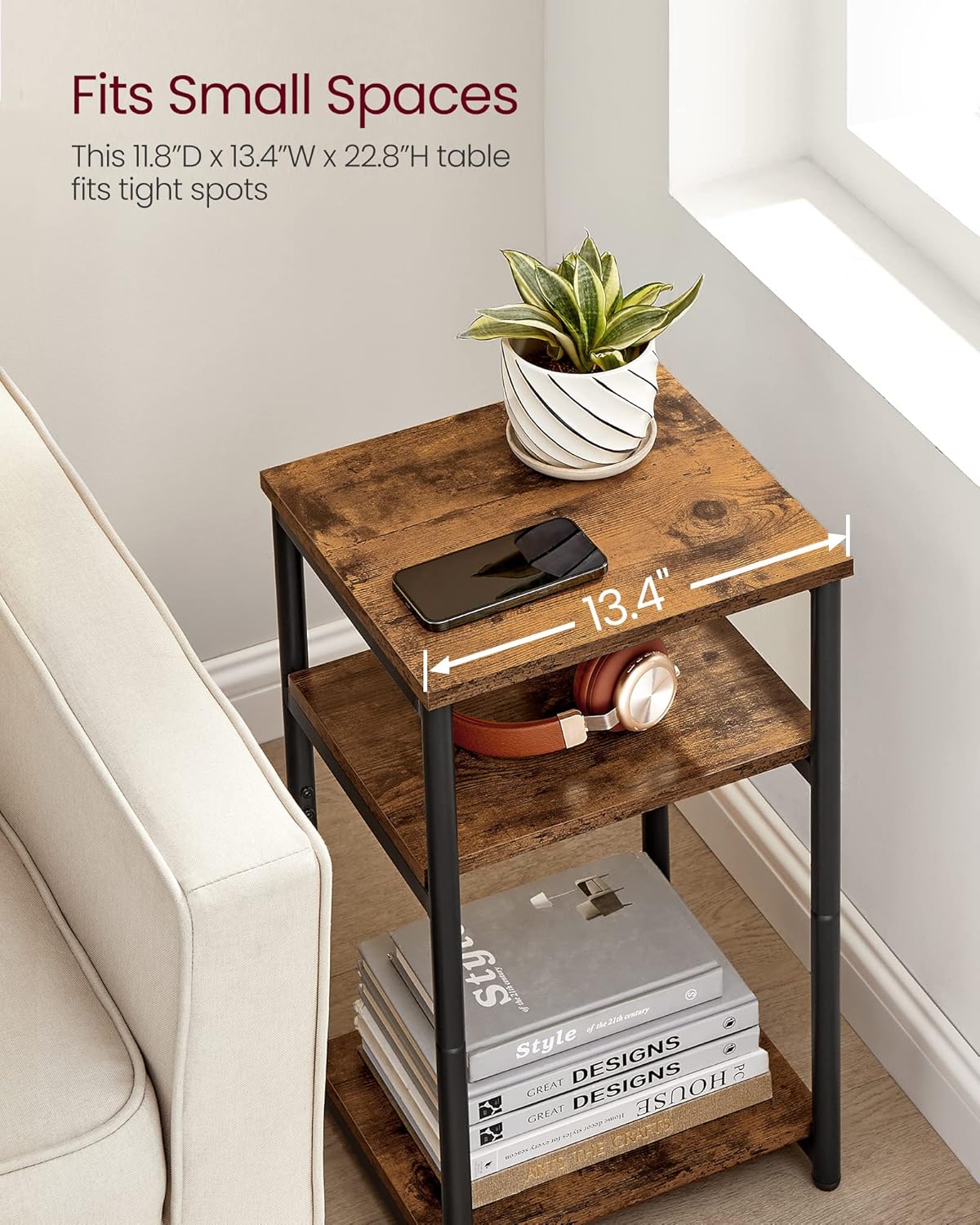 Side Table, Small End Table, Tall Nightstand for Living Room, Bedroom, Office, Bathroom, Rustic Brown and Classic Black