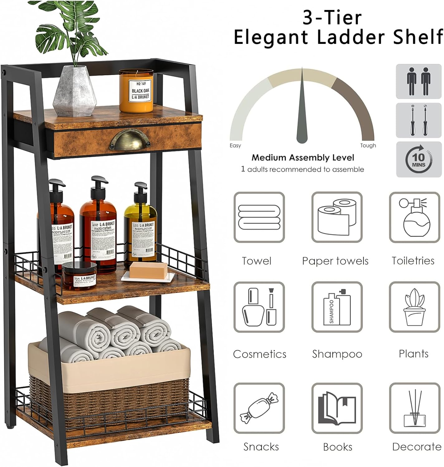 3-Tier Bathroom Storage Shelves with Drawer, Floor Bathroom Organizers and Storage, Freestanding Shelving Unit, Open Floor Stand for Living Room Laundry