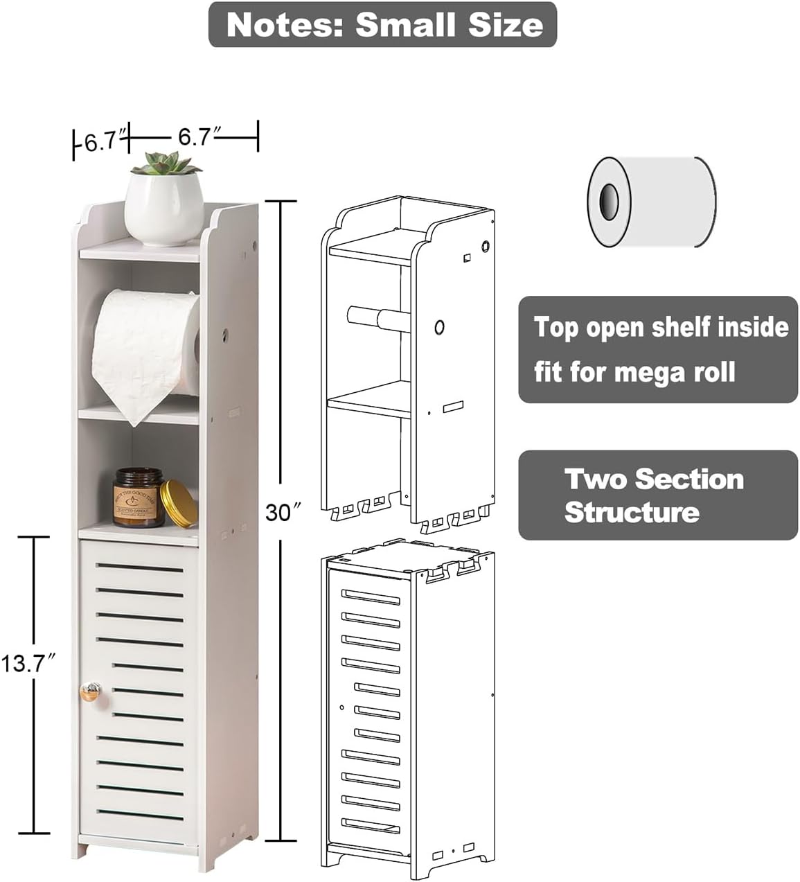 Toilet Paper Holder Stand: Bathroom Storage Cabinet Beside Toilet for Small Space Bathroom with Toilet Roll Holder - White