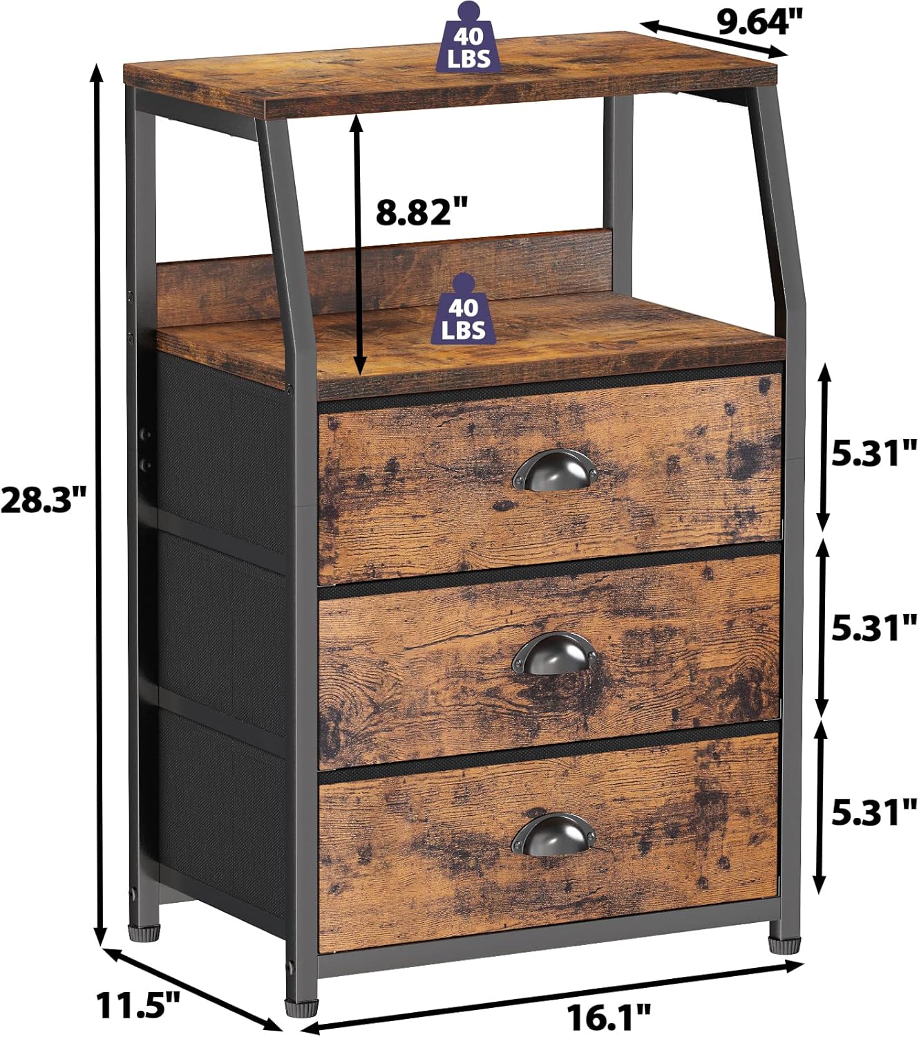 Nightstand with 3 Drawers and 2-Tier Shelf, Fabric Small Dresser Organizer Vertical Storage Tower for Bedroom, Closet, Hallway, Nursery, End Table Side Furniture, Sturdy Steel Frame, Wood Top