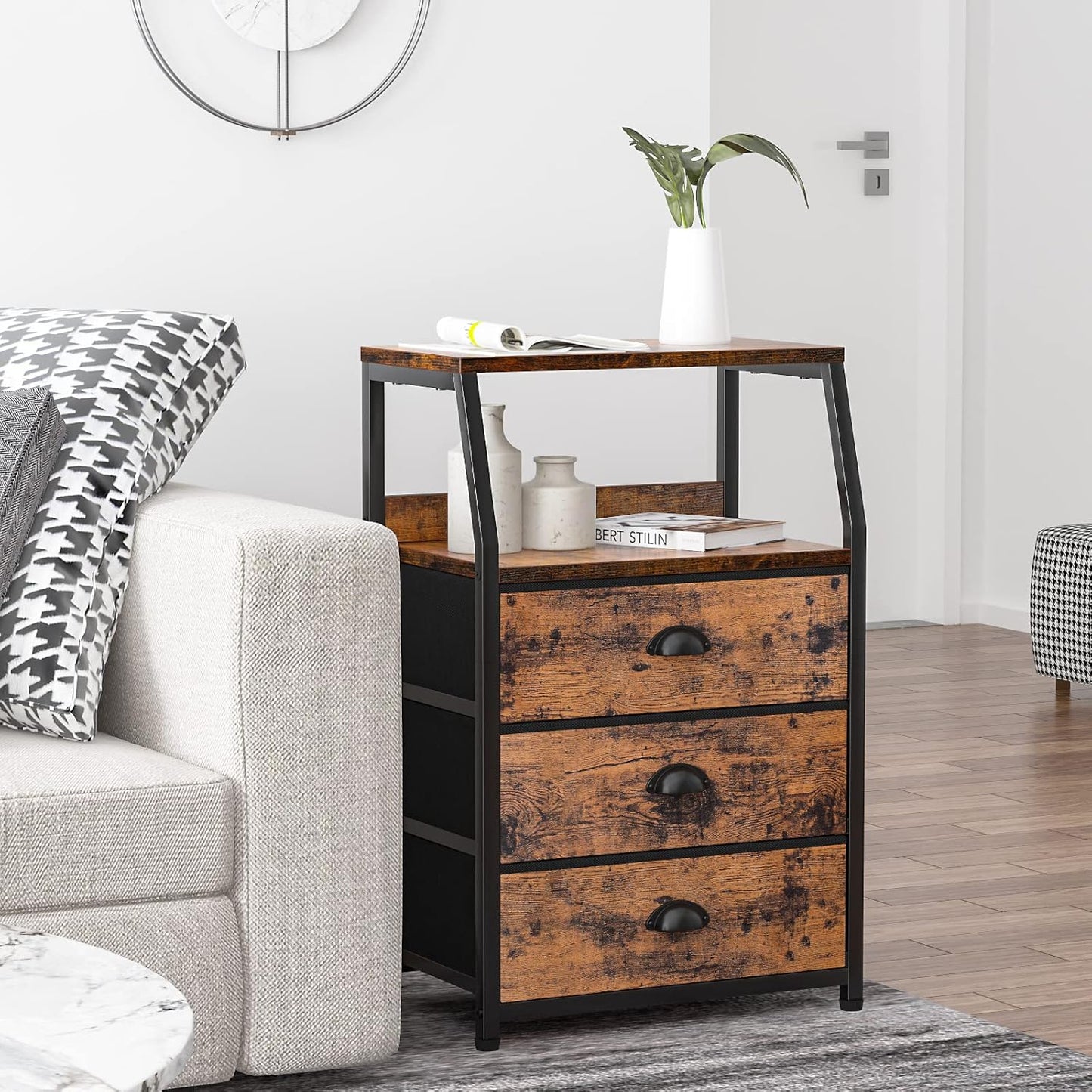 Nightstand with 3 Drawers and 2-Tier Shelf, Fabric Small Dresser Organizer Vertical Storage Tower for Bedroom, Closet, Hallway, Nursery, End Table Side Furniture, Sturdy Steel Frame, Wood Top