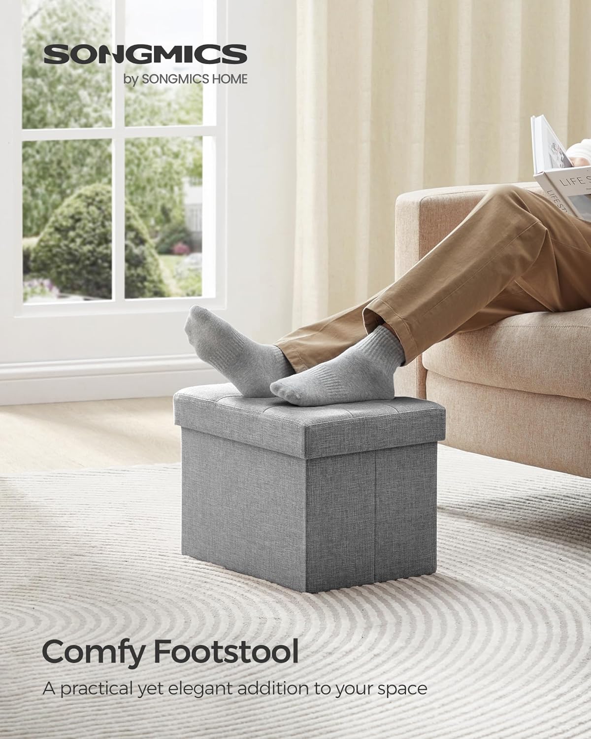 Mazie Collection - Small Folding Storage Ottoman, Foot Rest Stool, 12.2 x 16.1 x 12.2 Inches, 286 lb Load Capacity, for Living Room, Bedroom, Home Office, Dorm, Light Gray