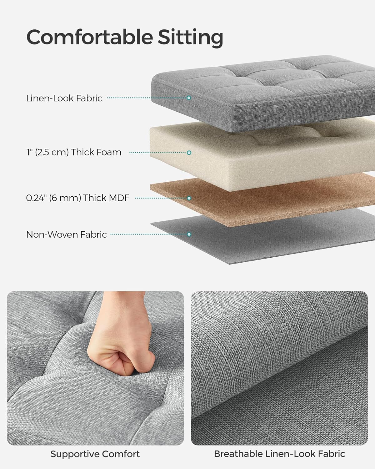 Mazie Collection - Small Folding Storage Ottoman, Foot Rest Stool, 12.2 x 16.1 x 12.2 Inches, 286 lb Load Capacity, for Living Room, Bedroom, Home Office, Dorm, Light Gray