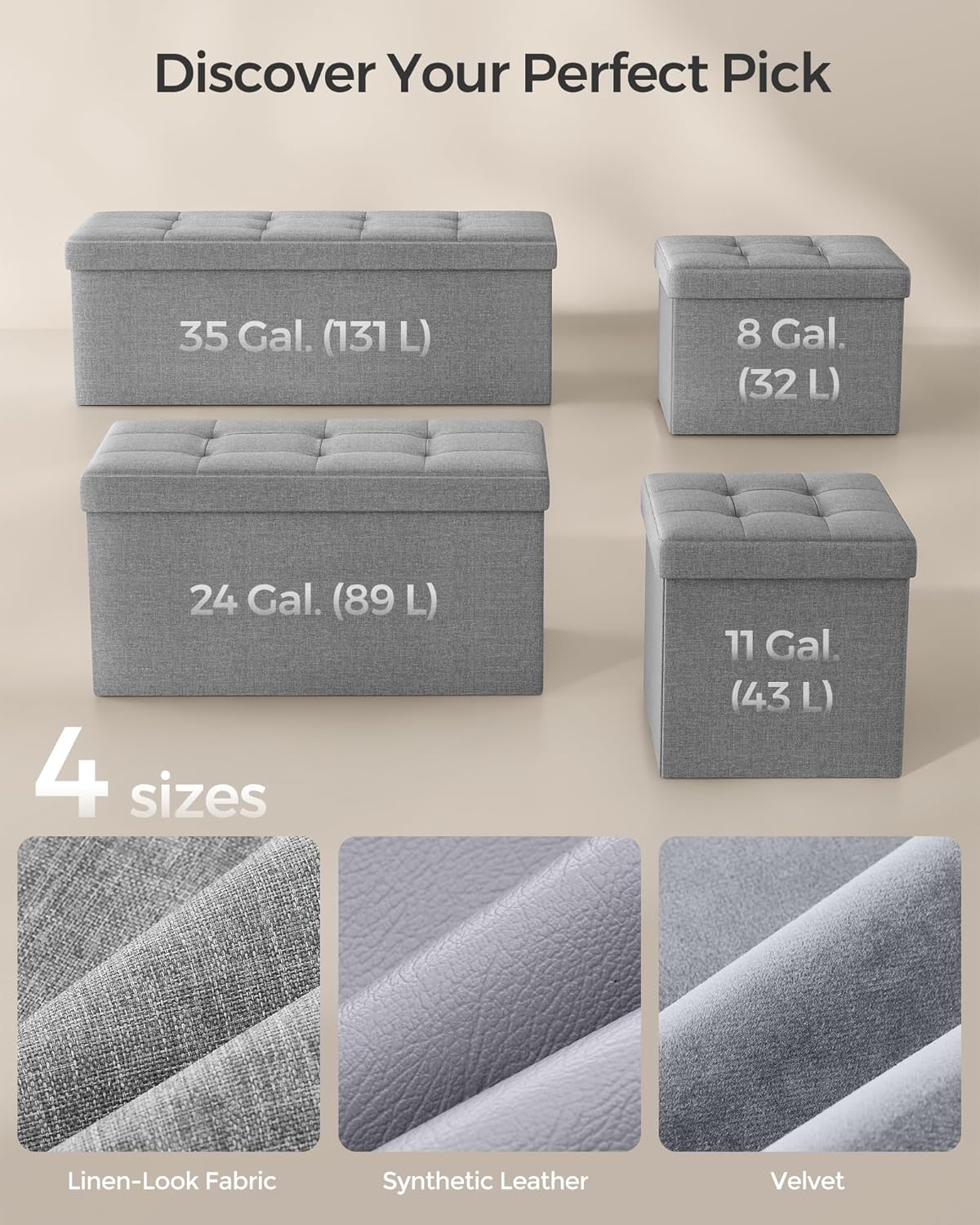 Mazie Collection - Small Folding Storage Ottoman, Foot Rest Stool, 12.2 x 16.1 x 12.2 Inches, 286 lb Load Capacity, for Living Room, Bedroom, Home Office, Dorm, Light Gray