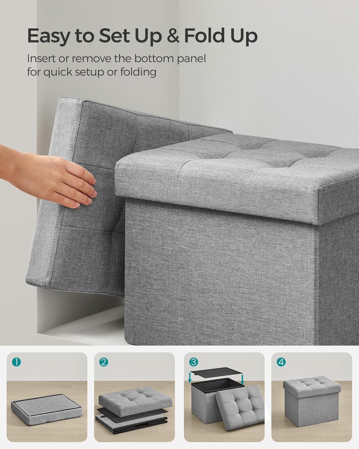 Mazie Collection - Small Folding Storage Ottoman, Foot Rest Stool, 12.2 x 16.1 x 12.2 Inches, 286 lb Load Capacity, for Living Room, Bedroom, Home Office, Dorm, Light Gray