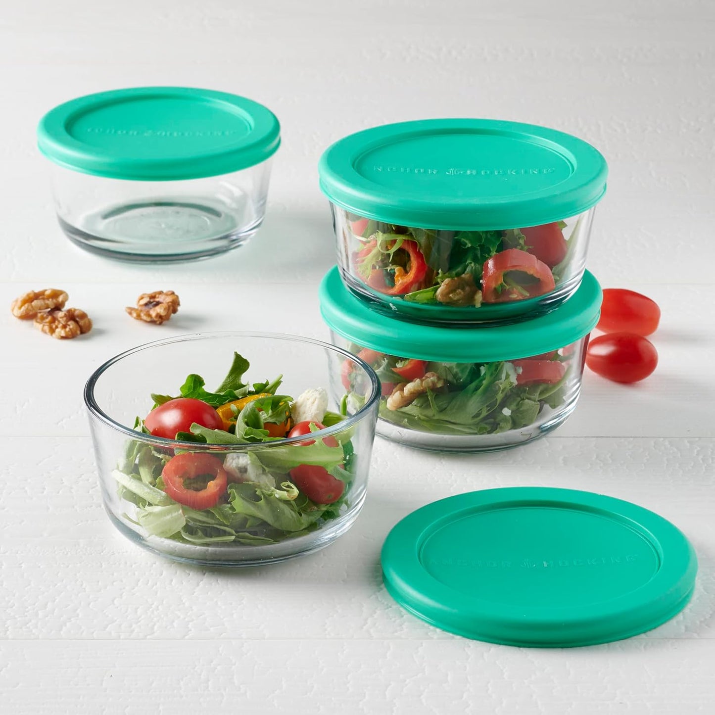 2 Cup Glass Storage Containers with Lids, Set of 4 Glass Food Storage Containers with Mint SnugFit Lids