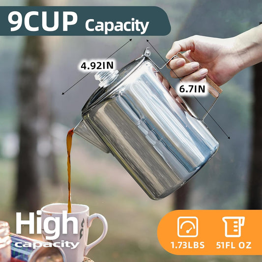 Camping Coffee Pot Stovetop Coffee Maker Percolator Campfire Coffee Pot Stainless Steel Coffee Pot Camping Outdoors Home 9 Cup No Aluminum & Plastic Fast Brew