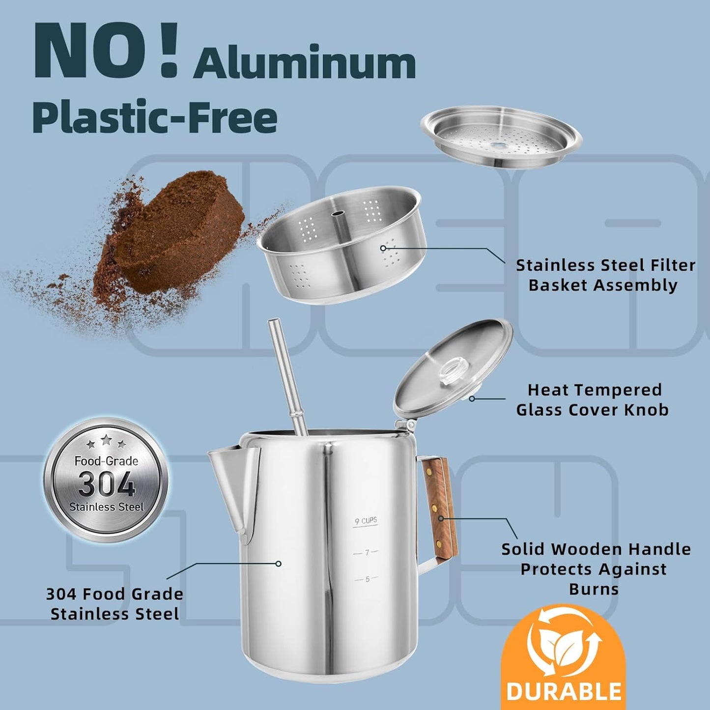 Camping Coffee Pot Stovetop Coffee Maker Percolator Campfire Coffee Pot Stainless Steel Coffee Pot Camping Outdoors Home 9 Cup No Aluminum & Plastic Fast Brew
