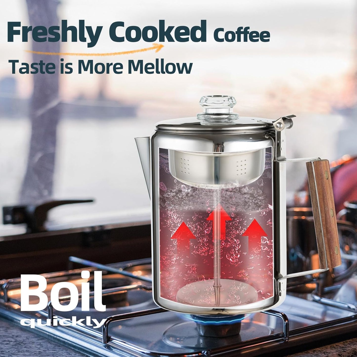 Camping Coffee Pot Stovetop Coffee Maker Percolator Campfire Coffee Pot Stainless Steel Coffee Pot Camping Outdoors Home 9 Cup No Aluminum & Plastic Fast Brew