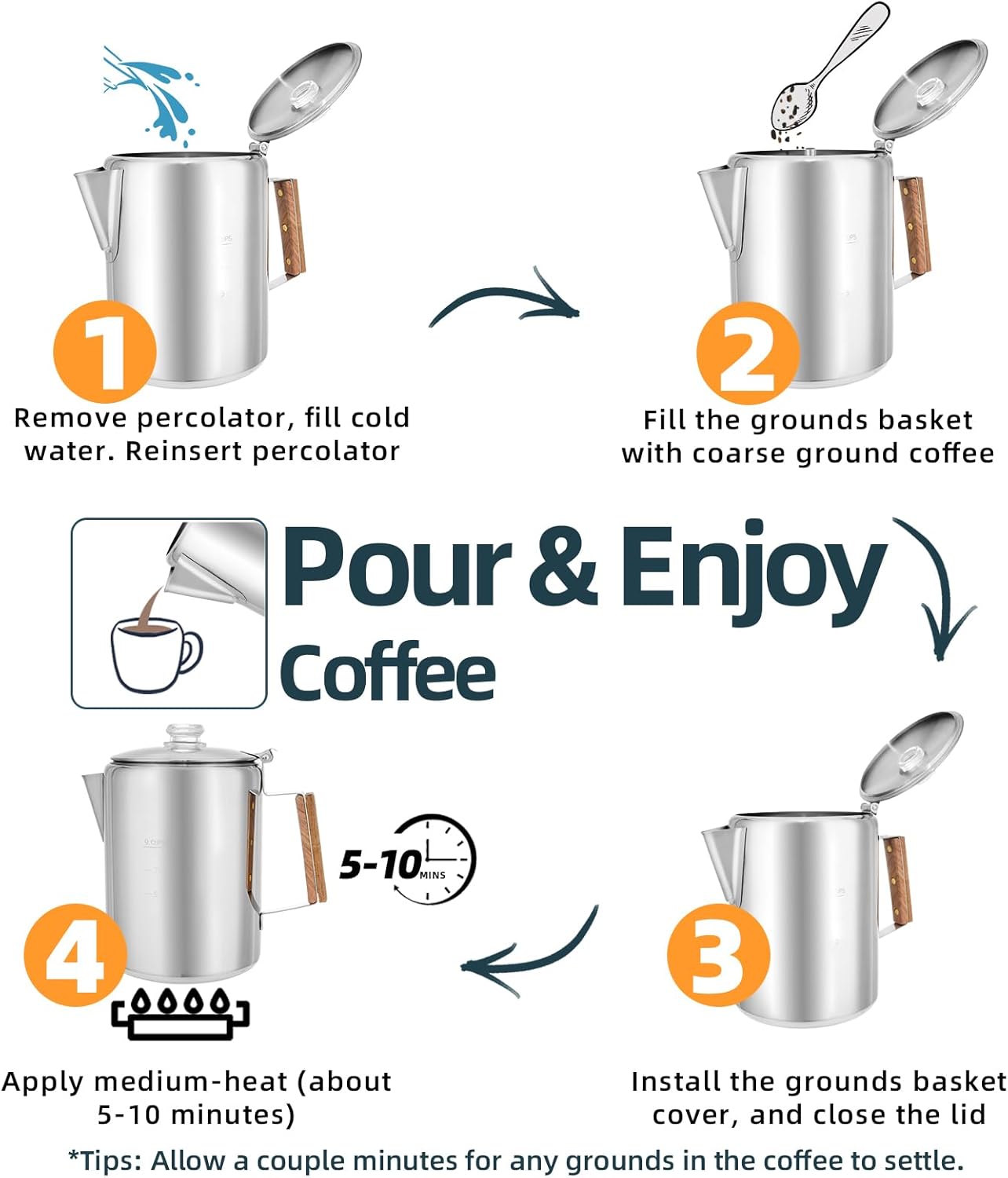 Camping Coffee Pot Stovetop Coffee Maker Percolator Campfire Coffee Pot Stainless Steel Coffee Pot Camping Outdoors Home 9 Cup No Aluminum & Plastic Fast Brew