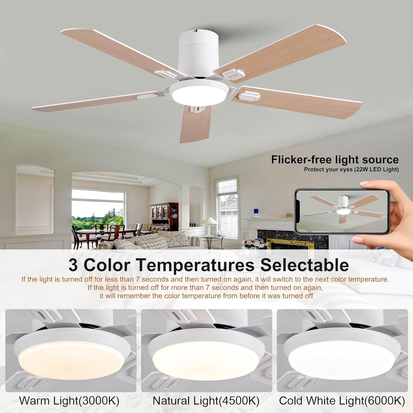 52 Inch Low Profile White Ceiling Fans with Lights and Remote,Reversible,3CCT,Flush Mount Ceiling Fan with Light for Bedroom living Room Restauran Dinning Room Kids Room