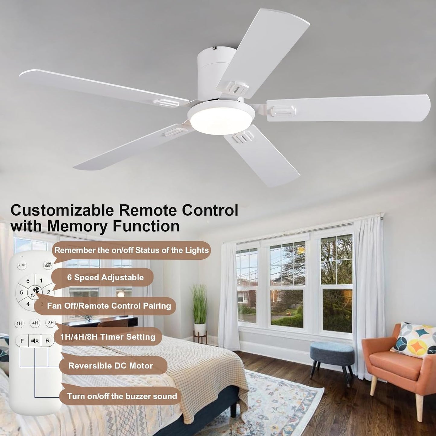 52 Inch Low Profile White Ceiling Fans with Lights and Remote,Reversible,3CCT,Flush Mount Ceiling Fan with Light for Bedroom living Room Restauran Dinning Room Kids Room