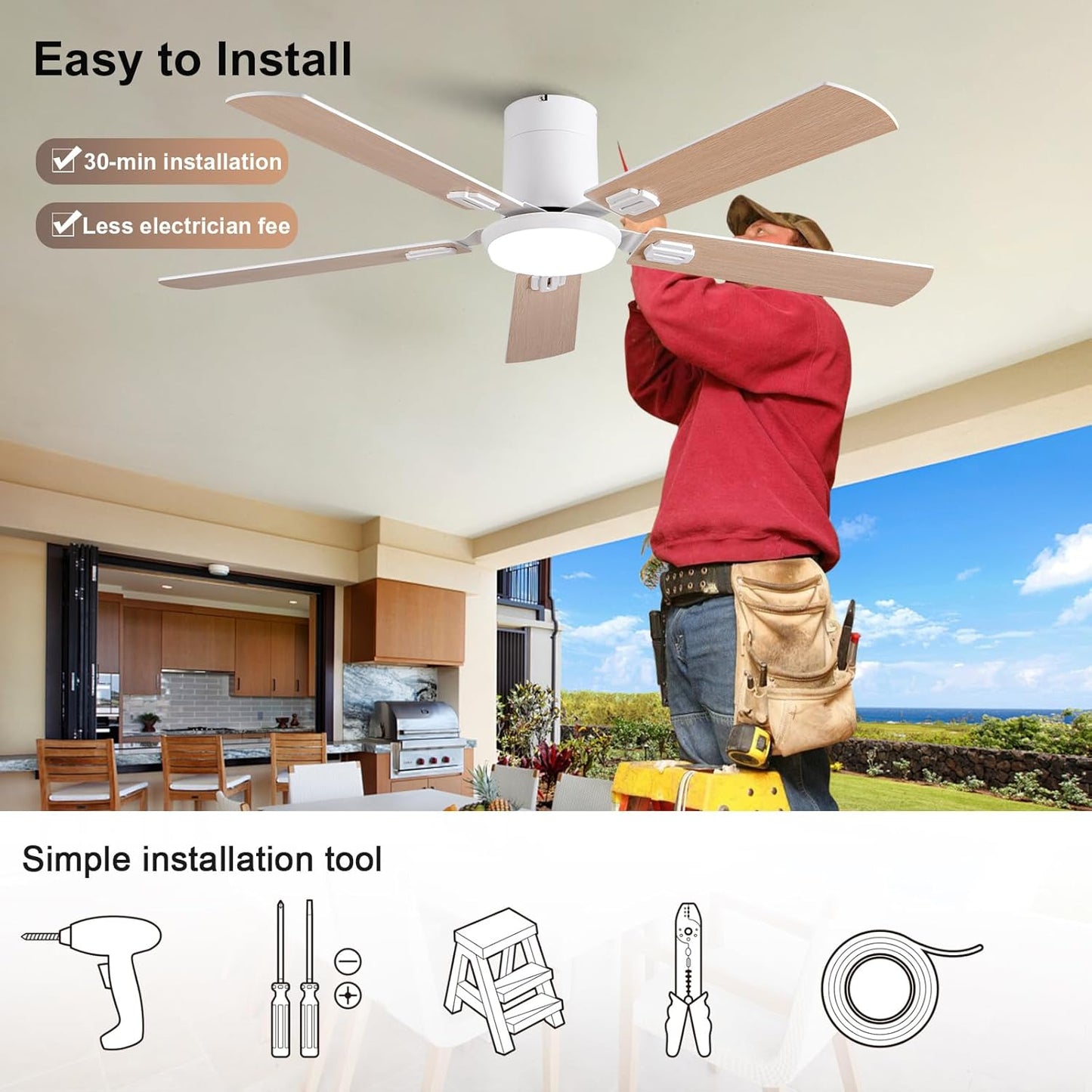 52 Inch Low Profile White Ceiling Fans with Lights and Remote,Reversible,3CCT,Flush Mount Ceiling Fan with Light for Bedroom living Room Restauran Dinning Room Kids Room