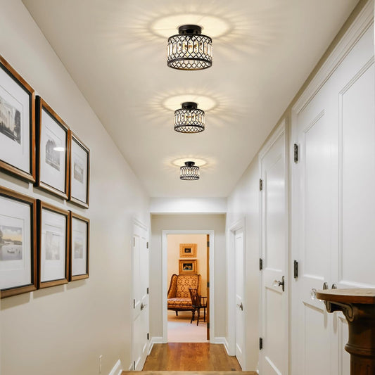 Crystal Black Ceiling Light, Modern Semi Flush Mount Ceiling Lighting Fixture, Round Hallway Lighting Fixtures for Kitchen Entryway Bedroom Laundry Room, 1-Light, 9 Inch