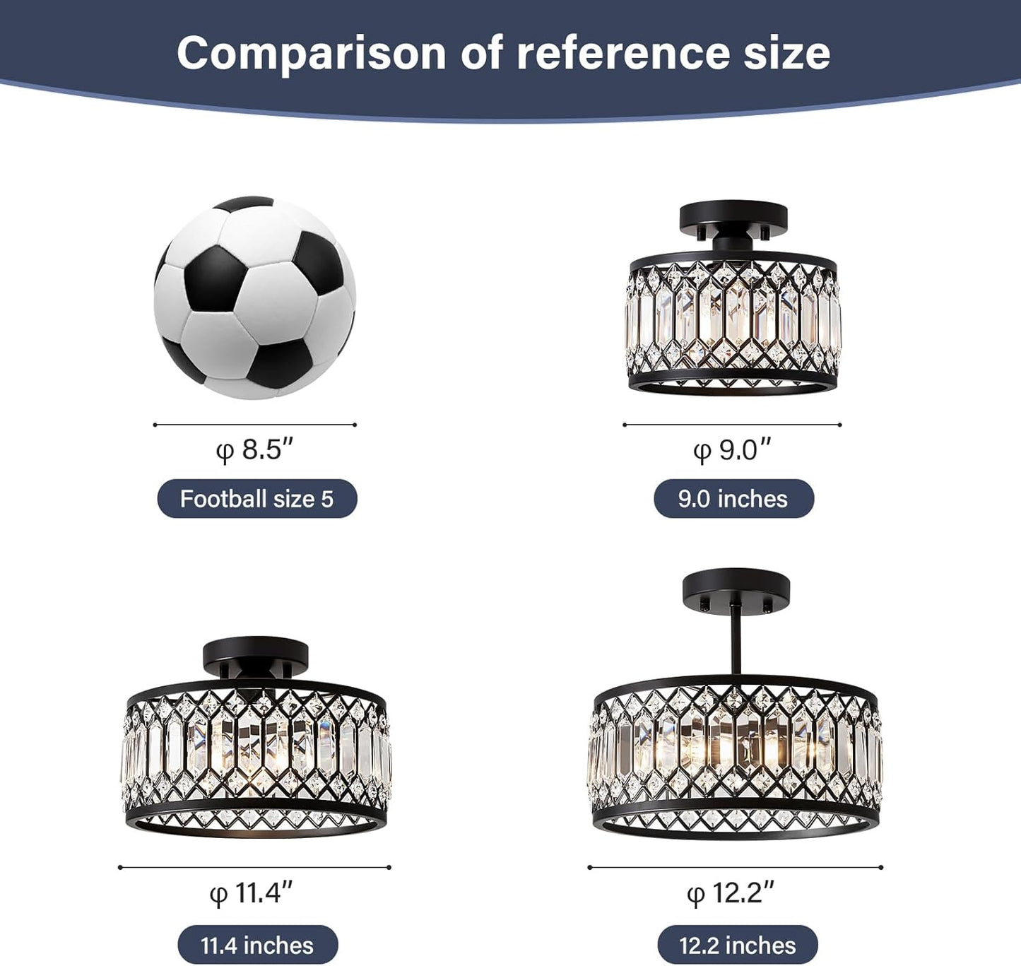 Crystal Black Ceiling Light, Modern Semi Flush Mount Ceiling Lighting Fixture, Round Hallway Lighting Fixtures for Kitchen Entryway Bedroom Laundry Room, 1-Light, 9 Inch