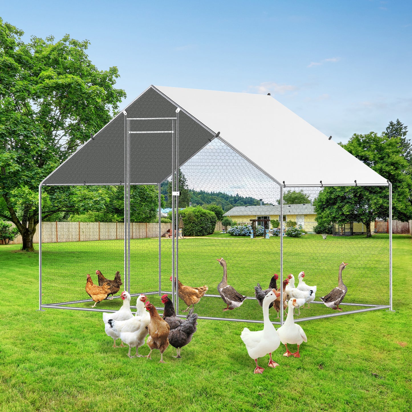 Chicken Coop Large Size for 6/12 Chickens with Waterproof Cover And Metal Wire Mesh Chicken Run Extra Hight Walk-in Chicken Pen Outdoor for Ducks Rabbits (9.8'L × 4.9'W × 6.5'H)