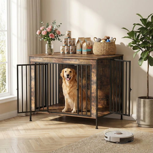 Dog Crate Furniture Heavy Duty for Large Dog, Sturdy Indoor Kennel Table with Dual Doors, Elevated Robot Vacuum Friendly Base, Decorative Cage TV Stand & End Table, Rustic Brown(Single)