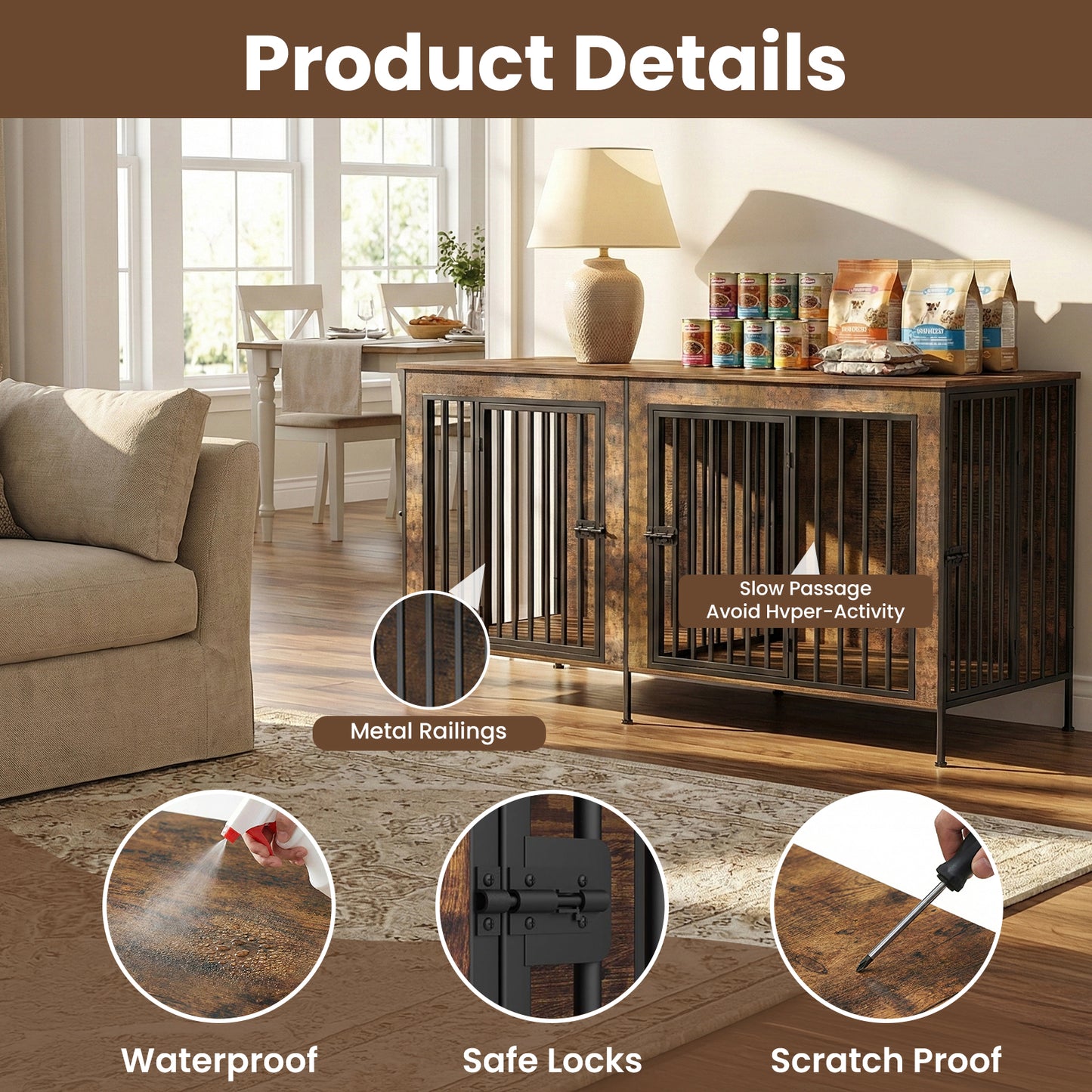 Dog Crate Furniture 78" Heavy Duty for 2 Large Dog, Sturdy Indoor Dog Kennel Table with 3 Doors, Elevated Robot Vacuum Friendly Base, Decorative Cage TV Stand & End Table, Rustic Brown