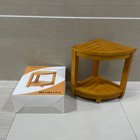 TimberAura Side Table Bathroom Teak Wood End Table with Storage Shelf, 2-Tier Side Table, Shower Corner Caddy