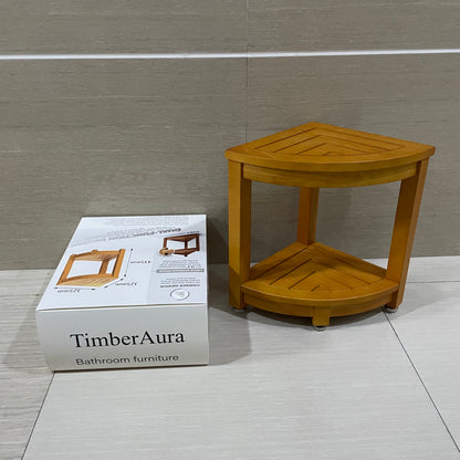 TimberAura Side Table Bathroom Teak Wood End Table with Storage Shelf, 2-Tier Side Table, Shower Corner Caddy
