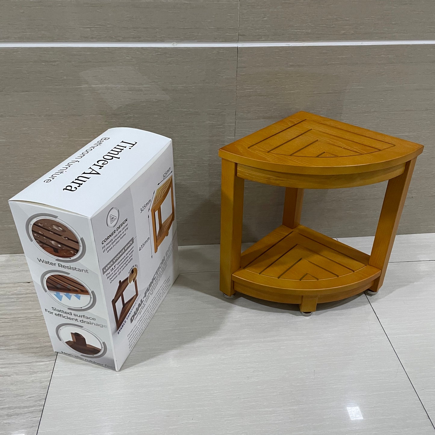 TimberAura Side Table Bathroom Teak Wood End Table with Storage Shelf, 2-Tier Side Table, Shower Corner Caddy