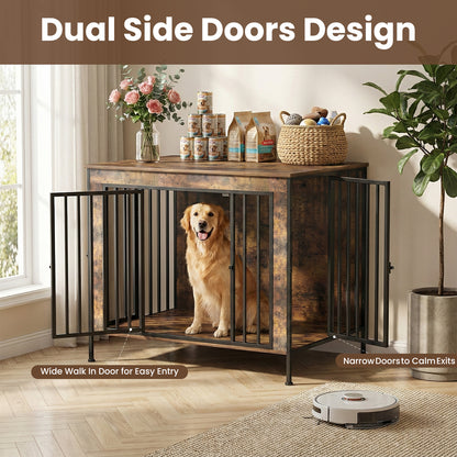 Dog Crate Furniture Heavy Duty for Large Dog, Sturdy Indoor Kennel Table with Dual Doors, Elevated Robot Vacuum Friendly Base, Decorative Cage TV Stand & End Table, Rustic Brown(Single)