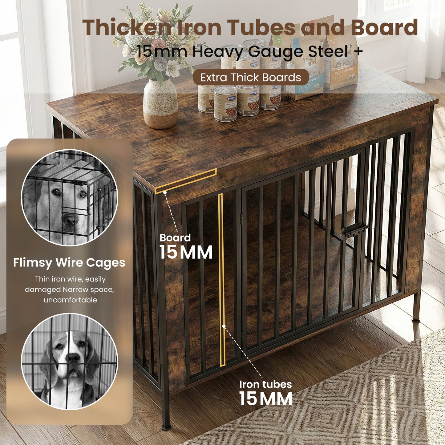 Dog Crate Furniture 78" Heavy Duty for 2 Large Dog, Sturdy Indoor Dog Kennel Table with 3 Doors, Elevated Robot Vacuum Friendly Base, Decorative Cage TV Stand & End Table, Rustic Brown