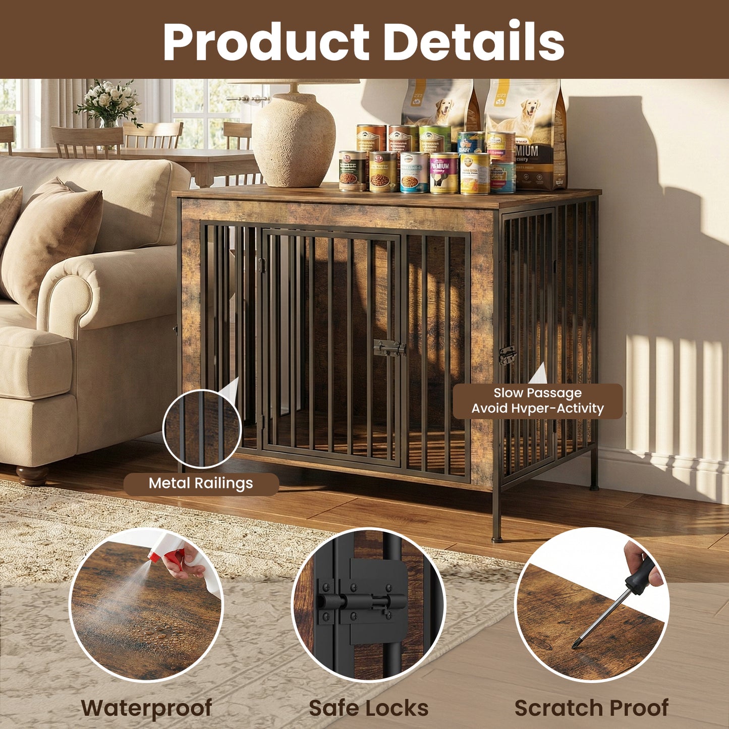 Dog Crate Furniture Heavy Duty for Large Dog, Sturdy Indoor Kennel Table with Dual Doors, Elevated Robot Vacuum Friendly Base, Decorative Cage TV Stand & End Table, Rustic Brown(Single)