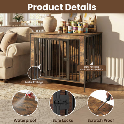 Dog Crate Furniture Heavy Duty for Large Dog, Sturdy Indoor Kennel Table with Dual Doors, Elevated Robot Vacuum Friendly Base, Decorative Cage TV Stand & End Table, Rustic Brown(Single)