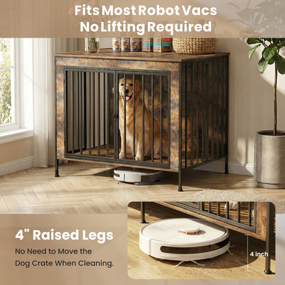 Dog Crate Furniture Heavy Duty for Large Dog, Sturdy Indoor Kennel Table with Dual Doors, Elevated Robot Vacuum Friendly Base, Decorative Cage TV Stand & End Table, Rustic Brown(Single)