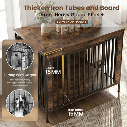 Dog Crate Furniture Heavy Duty for Large Dog, Sturdy Indoor Kennel Table with Dual Doors, Elevated Robot Vacuum Friendly Base, Decorative Cage TV Stand & End Table, Rustic Brown(Single)
