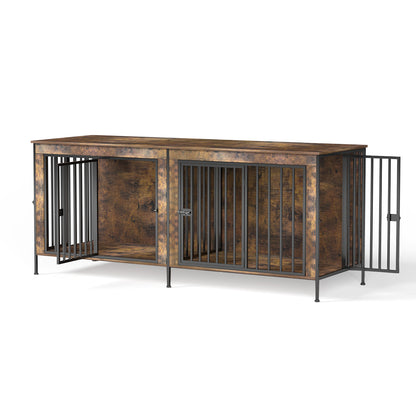 Dog Crate Furniture 78" Heavy Duty for 2 Large Dog, Sturdy Indoor Dog Kennel Table with 3 Doors, Elevated Robot Vacuum Friendly Base, Decorative Cage TV Stand & End Table, Rustic Brown