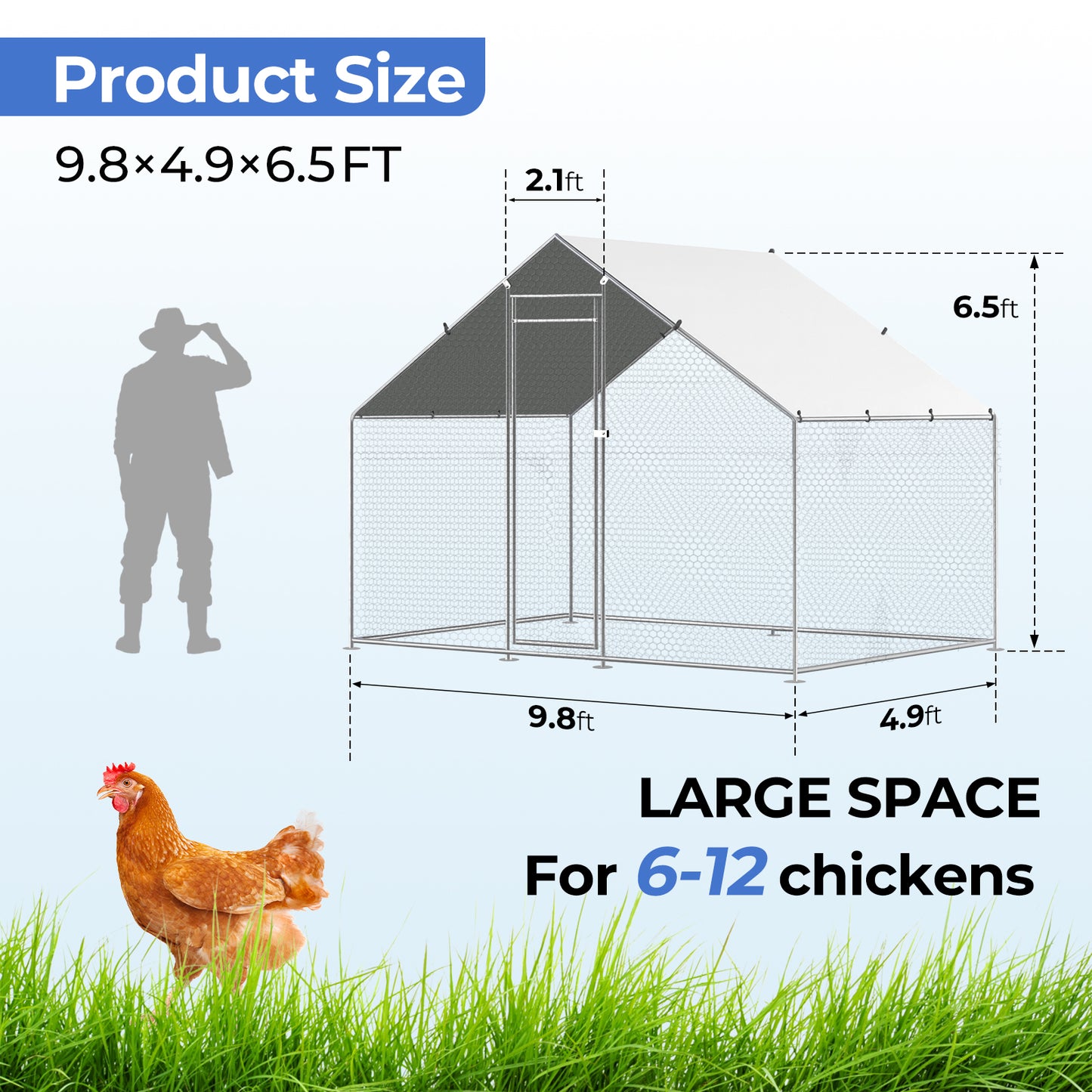 Chicken Coop Large Size for 6/12 Chickens with Waterproof Cover And Metal Wire Mesh Chicken Run Extra Hight Walk-in Chicken Pen Outdoor for Ducks Rabbits (9.8'L × 4.9'W × 6.5'H)