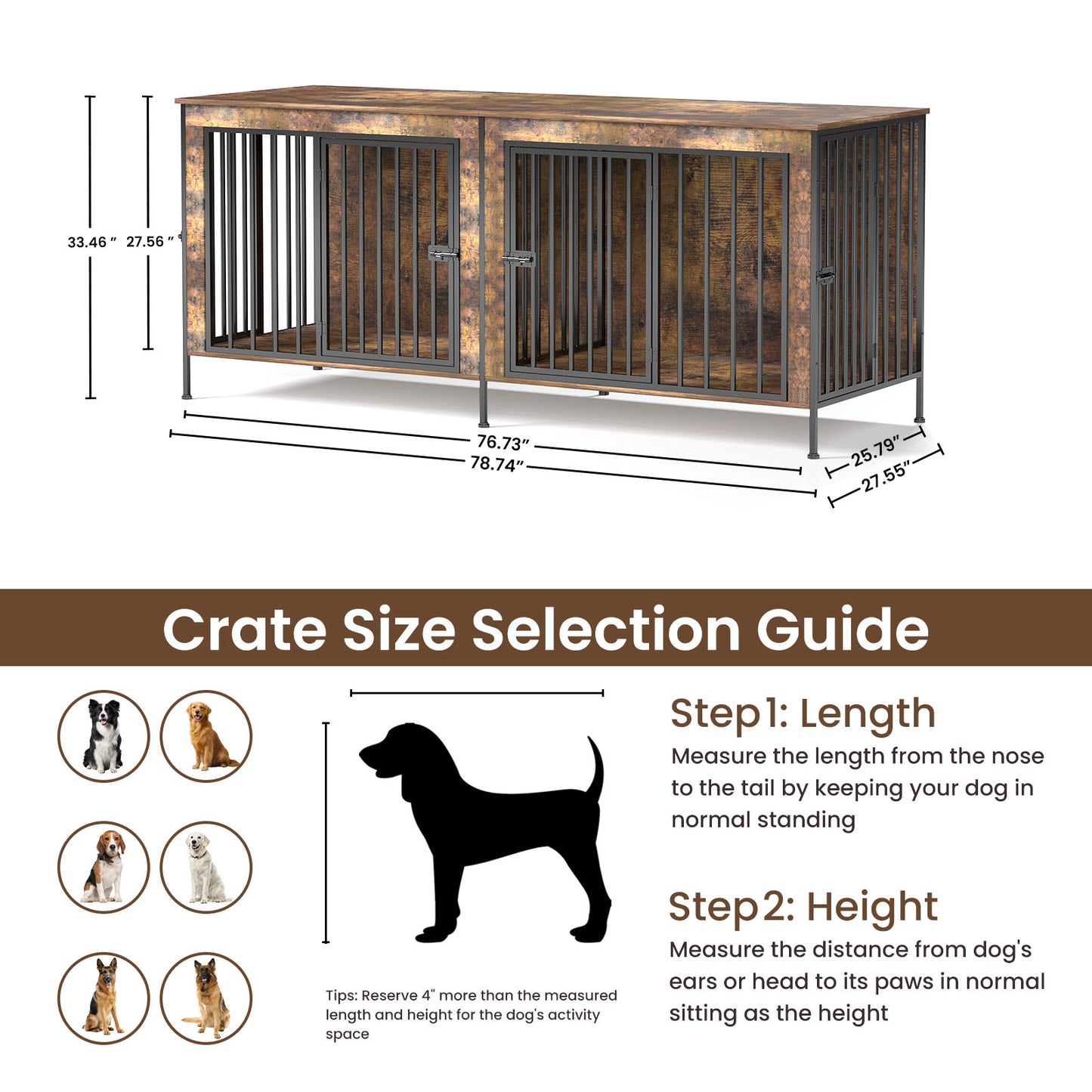 Dog Crate Furniture 78" Heavy Duty for 2 Large Dog, Sturdy Indoor Dog Kennel Table with 3 Doors, Elevated Robot Vacuum Friendly Base, Decorative Cage TV Stand & End Table, Rustic Brown
