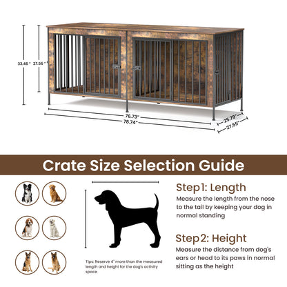 Dog Crate Furniture 78" Heavy Duty for 2 Large Dog, Sturdy Indoor Dog Kennel Table with 3 Doors, Elevated Robot Vacuum Friendly Base, Decorative Cage TV Stand & End Table, Rustic Brown