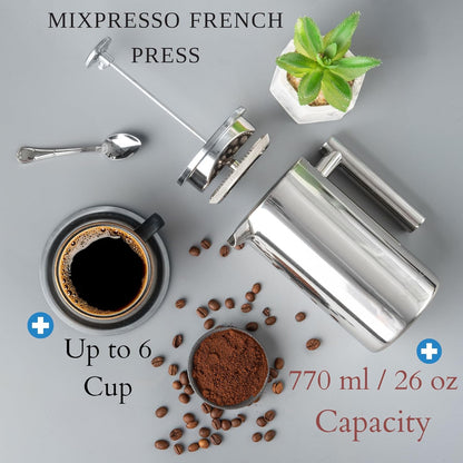 Stainless Steel French Press Coffee Maker 27 Oz 800 ml, Double Wall Insulated French Press Stainless Steel &amp; Tea Brewer Easy Clean &amp; Easy Press Strong Quality Metal Coffee Press 