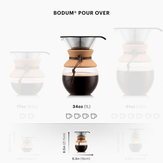 34 Oz Pour Over Coffee Maker, High-Heat Borosilicate Glass with Reusable Stainless Steel Filter and Cork Grip - Made in Portugal 