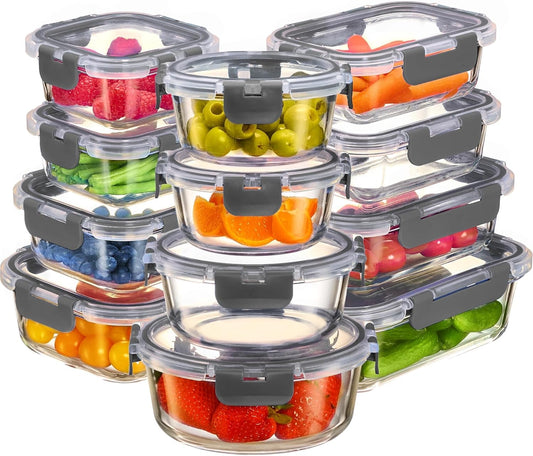 24 Piece Glass Storage Containers with Lids - Airtight, Leak Proof, Dishwasher Safe, Glass Tupper Ware Sets with Lids, Food Storage Containers, Meal Prep Containers, Gray 