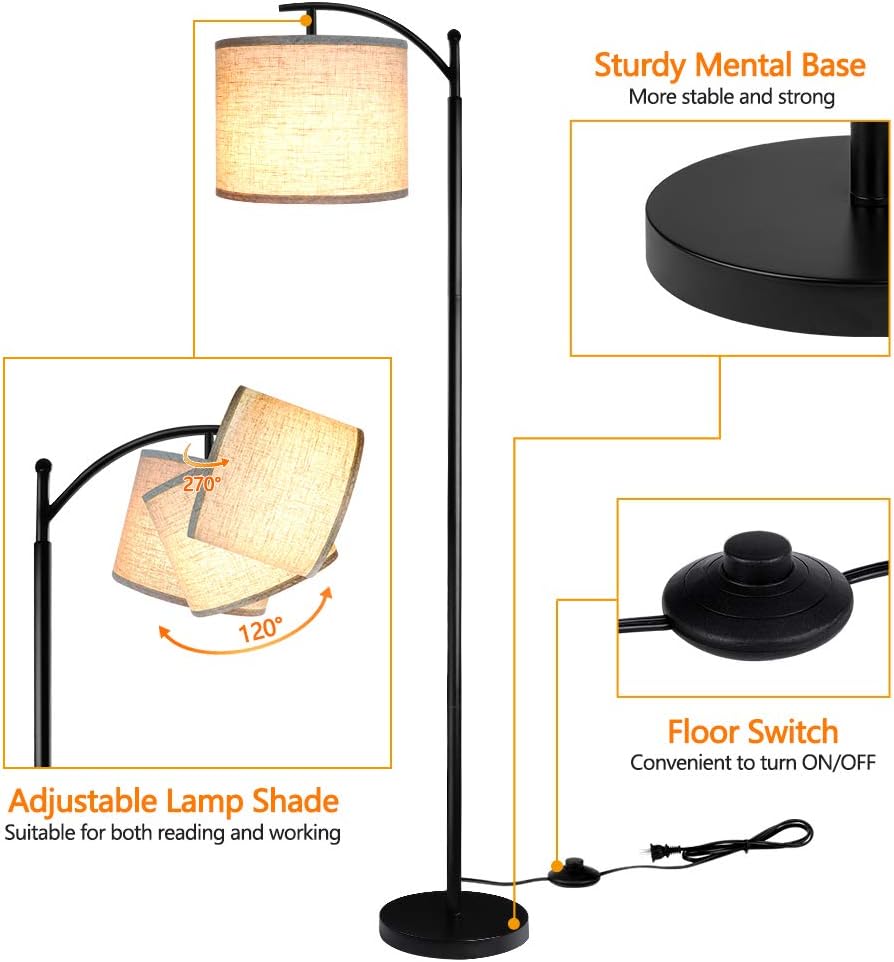 Floor Lamp for Living Room with 3 Color Temperatures LED Bulb, Standing Lamp Tall Industrial Floor Lamp Reading for Bedroom, Office (9W LED Bulb, Beige Lampshade Included) -Black
